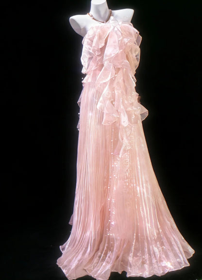 Robe de bal longue rétro chic en tulle rose sans bretelles, coupe trapèze, idéale pour les jeunes filles en terminale ou pour un 21e anniversaire (AS054)
