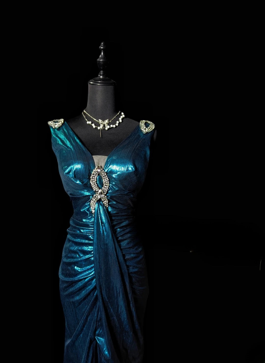 Vintage Mermaid V Neck Blue Long Prom Dress With Ruffled Formal Dress Party Dresses RB6945