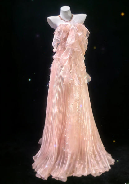 Robe de bal longue rétro chic en tulle rose sans bretelles, coupe trapèze, idéale pour les jeunes filles en terminale ou pour un 21e anniversaire (AS054)
