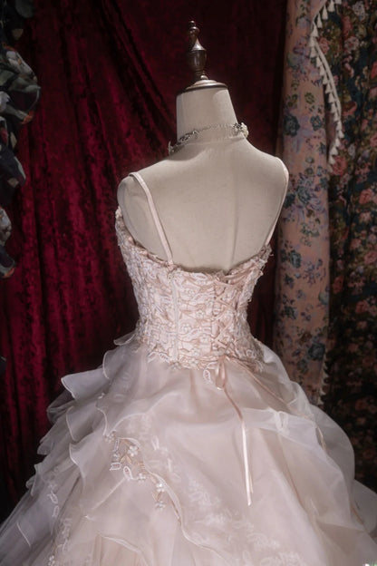 Elegant Ball Gown Spaghetti Straps Pink Tulle With Tiered Layers Long Quince Dress Quinceanera Dresses Formal Birthday Outfits RB8077