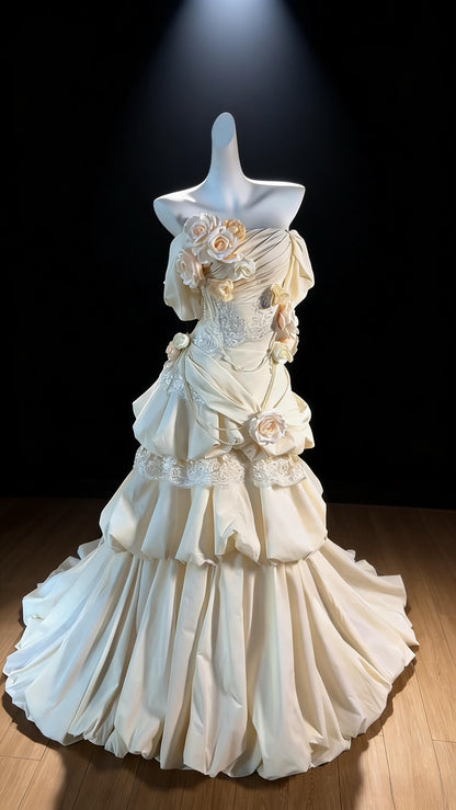 Prom Dress Mermaid Off The Shoulder White Taffeta Ruffled Flowers Floor Length High School Graduation Party Dresses RC1085