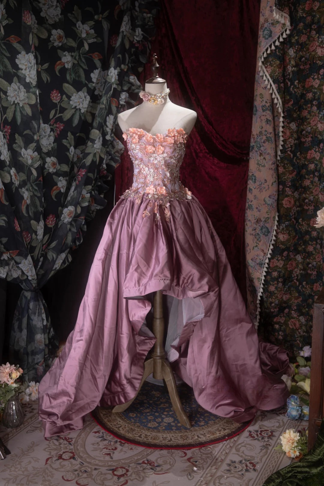 Elegant High Low Sweetheart Satin Lilac With Lace Long Prom Dresses Formal Outfit Evening Night Dress RB8078