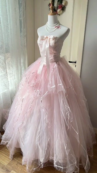 Princess Sweet 16 Dresses Long Strapless Pink With Pearls Ball Gown Sweet Sixteen Party Birthday Gown RC0425
