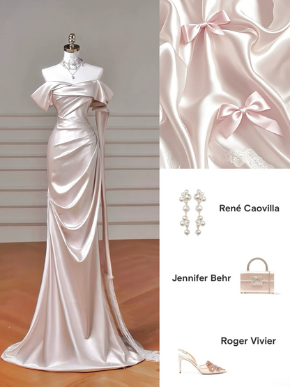 Zeitloses Brautkleid im Meerjungfrauenstil, schulterfrei, hellrosa, plissiert, aus Satin, mit Korsett, figurbetont, AQ055