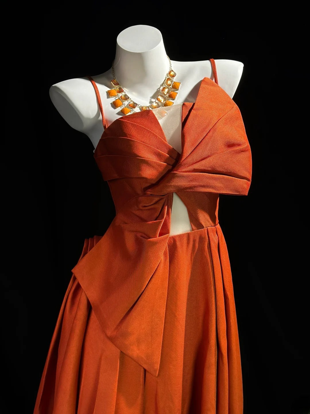 Vintage Prom Dresses A Line Spaghetti Strap Orange Satin With Bow Evening Dress Formal Outfits RB5861