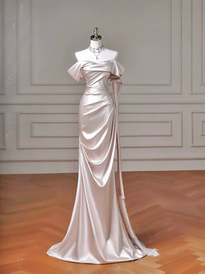 Zeitloses Brautkleid im Meerjungfrauenstil, schulterfrei, hellrosa, plissiert, aus Satin, mit Korsett, figurbetont, AQ055