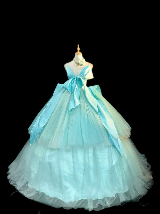 Niedliches Ballkleid Spaghettiträger Satin Blau Tüll mit Schleife Langes Quinceanera-Kleid vestido de 15 de cenicienta RB3457