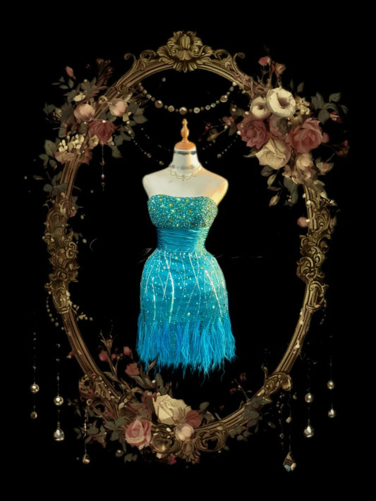 Elegantes Etui Trägerloses Blaues Pailletten Partykleid Kurz Mini für 15. Geburtstagsfeiern Hoco Outfits RB3458