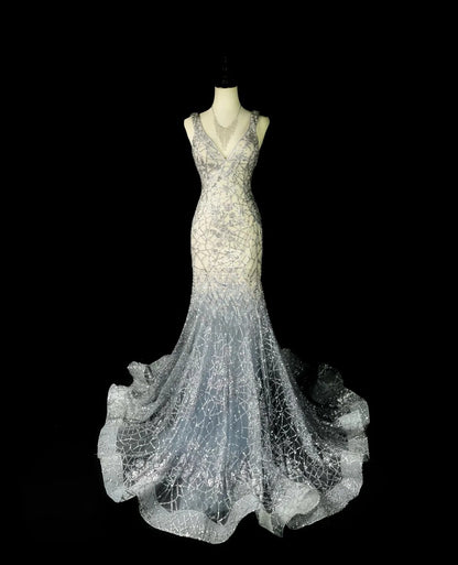 Sparkly Prom Dresses Mermaid V Neck Silver Gray Backless Sequin Long Evening Formal Outfits RB5862