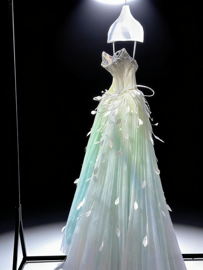 Fairy Quinceanera Dress Ball Gown Sweetheart Green Blue Tulle With Feathers Beading Quince Dresses RC1085
