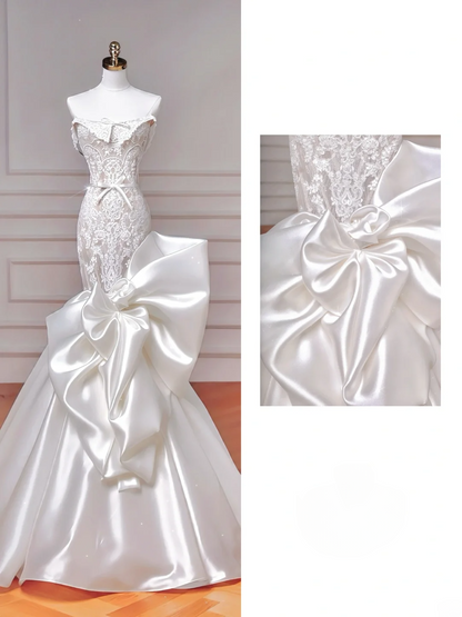 Robe de mariée sirène intemporelle sans bretelles, blanche, en dentelle, style corset, coupe ajustée AQ056