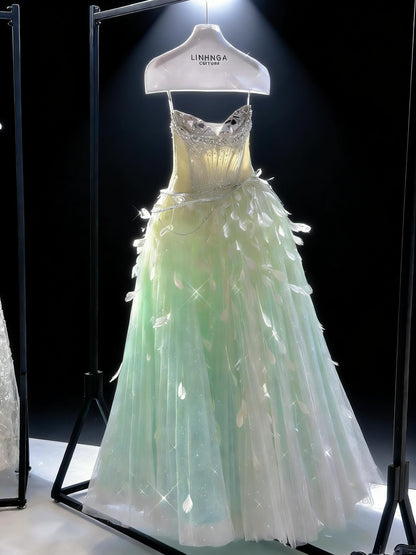 Fairy Quinceanera Dress Ball Gown Sweetheart Green Blue Tulle With Feathers Beading Quince Dresses RC1085