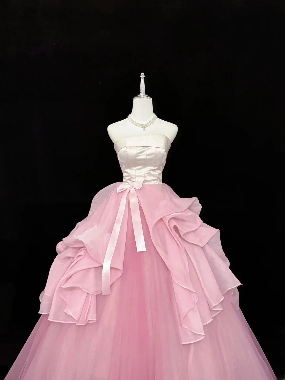 Modest Ball Gown Strapless Pink Satin Tulle With Bow Ruffled Quince Dress Voluminous Sweet 16 Sweet Sixteen Outfits Vestido de RB7427