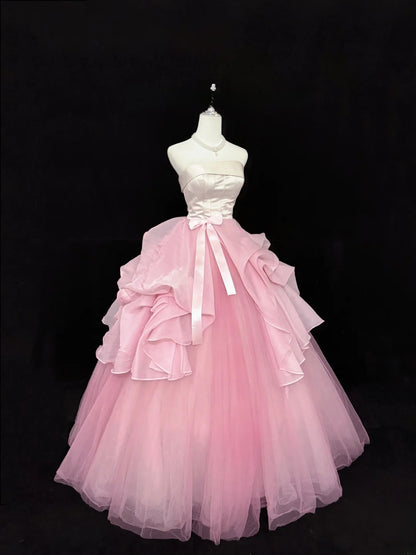 Modest Ball Gown Strapless Pink Satin Tulle With Bow Ruffled Quince Dress Voluminous Sweet 16 Sweet Sixteen Outfits Vestido de RB7427