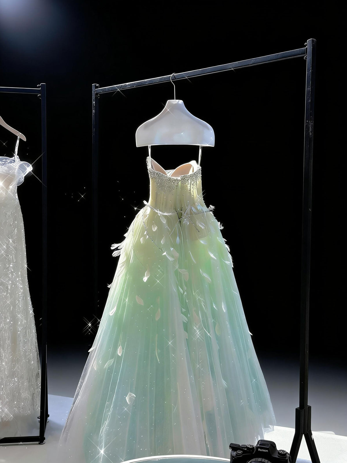 Fairy Quinceanera Dress Ball Gown Sweetheart Green Blue Tulle With Feathers Beading Quince Dresses RC1085