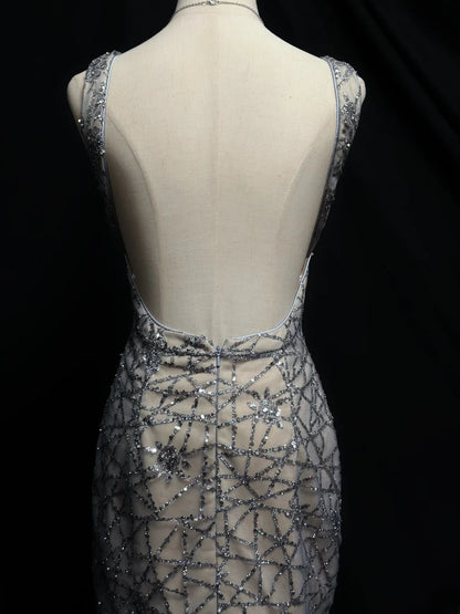 Sparkly Prom Dresses Mermaid V Neck Silver Gray Backless Sequin Long Evening Formal Outfits RB5862