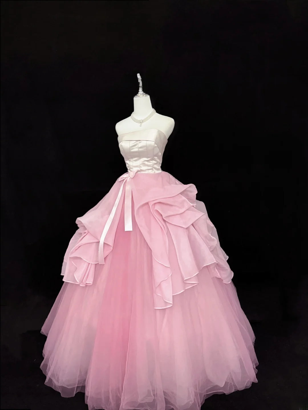 Modest Ball Gown Strapless Pink Satin Tulle With Bow Ruffled Quince Dress Voluminous Sweet 16 Sweet Sixteen Outfits Vestido de RB7427