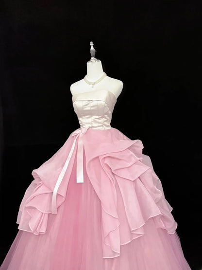 Modest Ball Gown Strapless Pink Satin Tulle With Bow Ruffled Quince Dress Voluminous Sweet 16 Sweet Sixteen Outfits Vestido de RB7427
