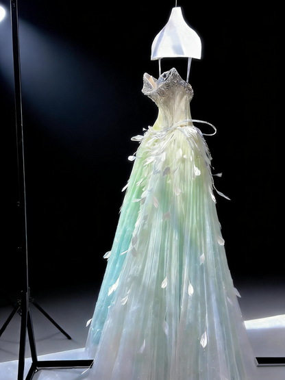 Fairy Quinceanera Dress Ball Gown Sweetheart Green Blue Tulle With Feathers Beading Quince Dresses RC1085