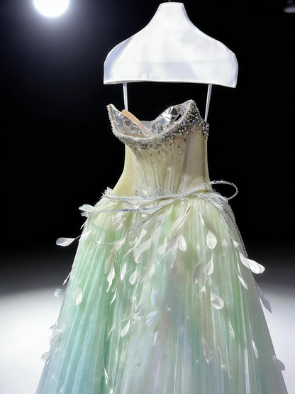 Fairy Quinceanera Dress Ball Gown Sweetheart Green Blue Tulle With Feathers Beading Quince Dresses RC1085