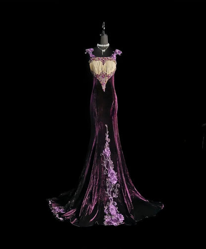 Vintage Mermaid Square Neck Purple Velvet Long Prom Dress With Crystals Formal Dress Party Dresses RB6946
