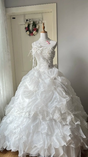 Princess Wedding Dress Ball Gown One Shoulder White With Tiered Beading Bridal Gown for Big Day RC0428