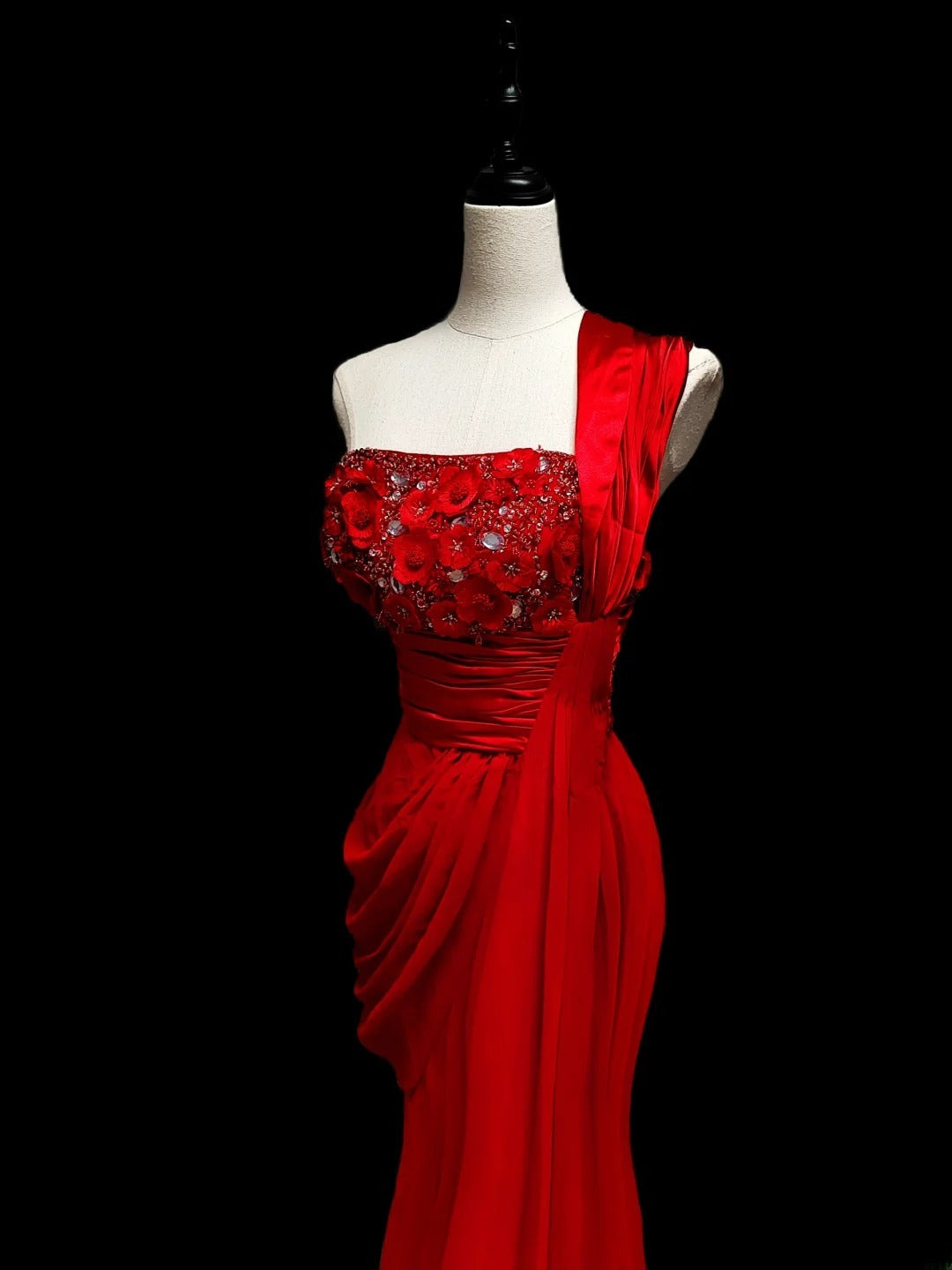 Classic Mermaid One Shoulder Red Chiffon Ruffles Long Prom Dresses High School Senior Graduation Dance Evening Outfits AS057