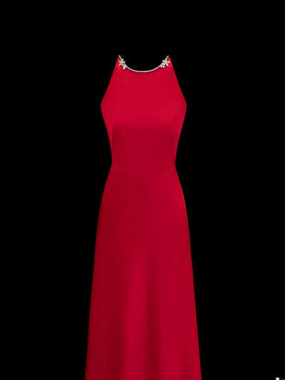 Simple Formal A Line Scoop Red With Beads Style Impress Long Prom Dresses Party Gowns SA057