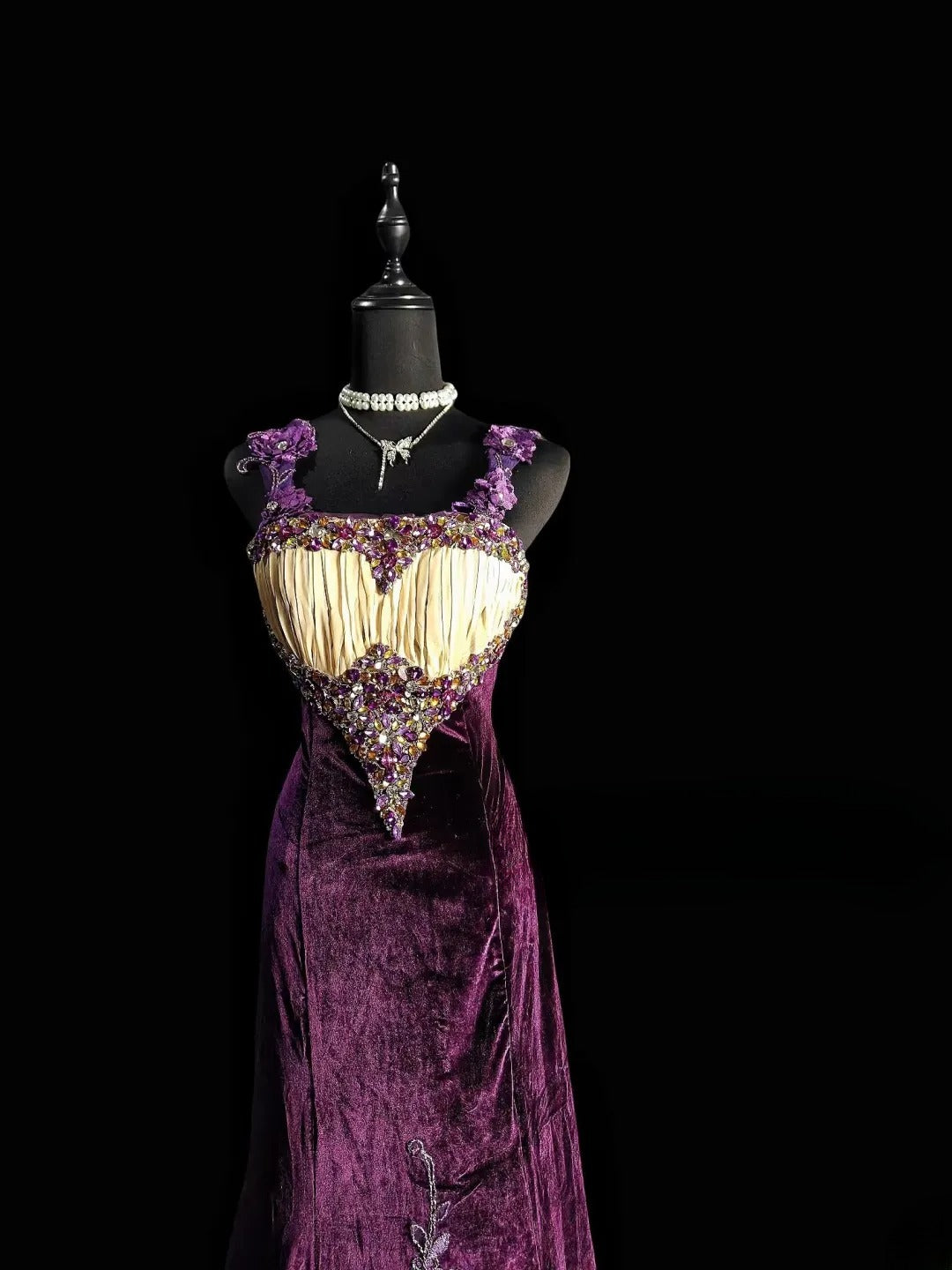 Vintage Mermaid Square Neck Purple Velvet Long Prom Dress With Crystals Formal Dress Party Dresses RB6946