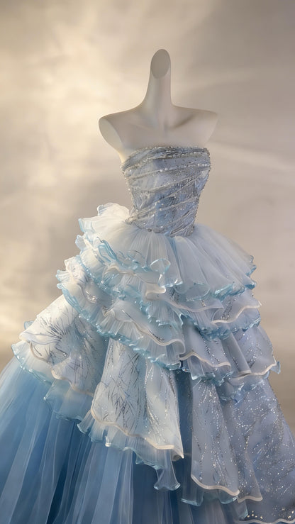 Pretty Quinceanera Dress Ball Gown Strapless Blue With Tiered Layers 15th Birthday Party Outfit RC1086