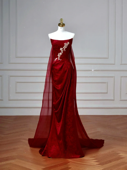 Robes de bal de fin d'année sexy pour lycéennes - Inspiration sirène sans bretelles en satin bordeaux - Robe longue semi-formelle pour diplômée AQ057