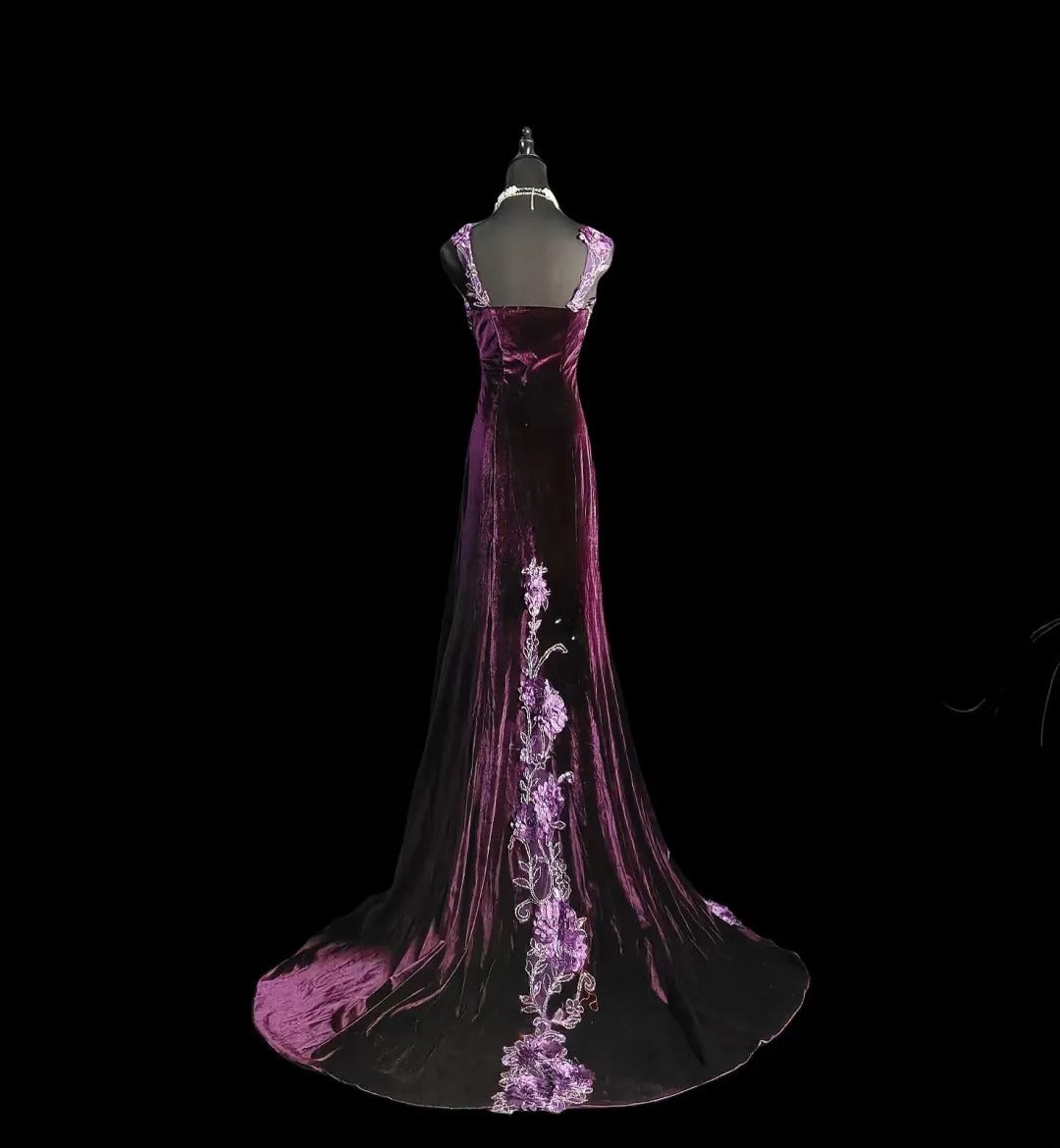 Vintage Mermaid Square Neck Purple Velvet Long Prom Dress With Crystals Formal Dress Party Dresses RB6946