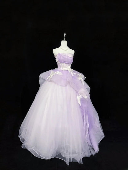 Modest Ball Gown Strapless Lilac Tulle With Flowers Ruffled Quince Dress Voluminous Sweet 16 Sweet Sixteen Outfits Vestido de RB7428