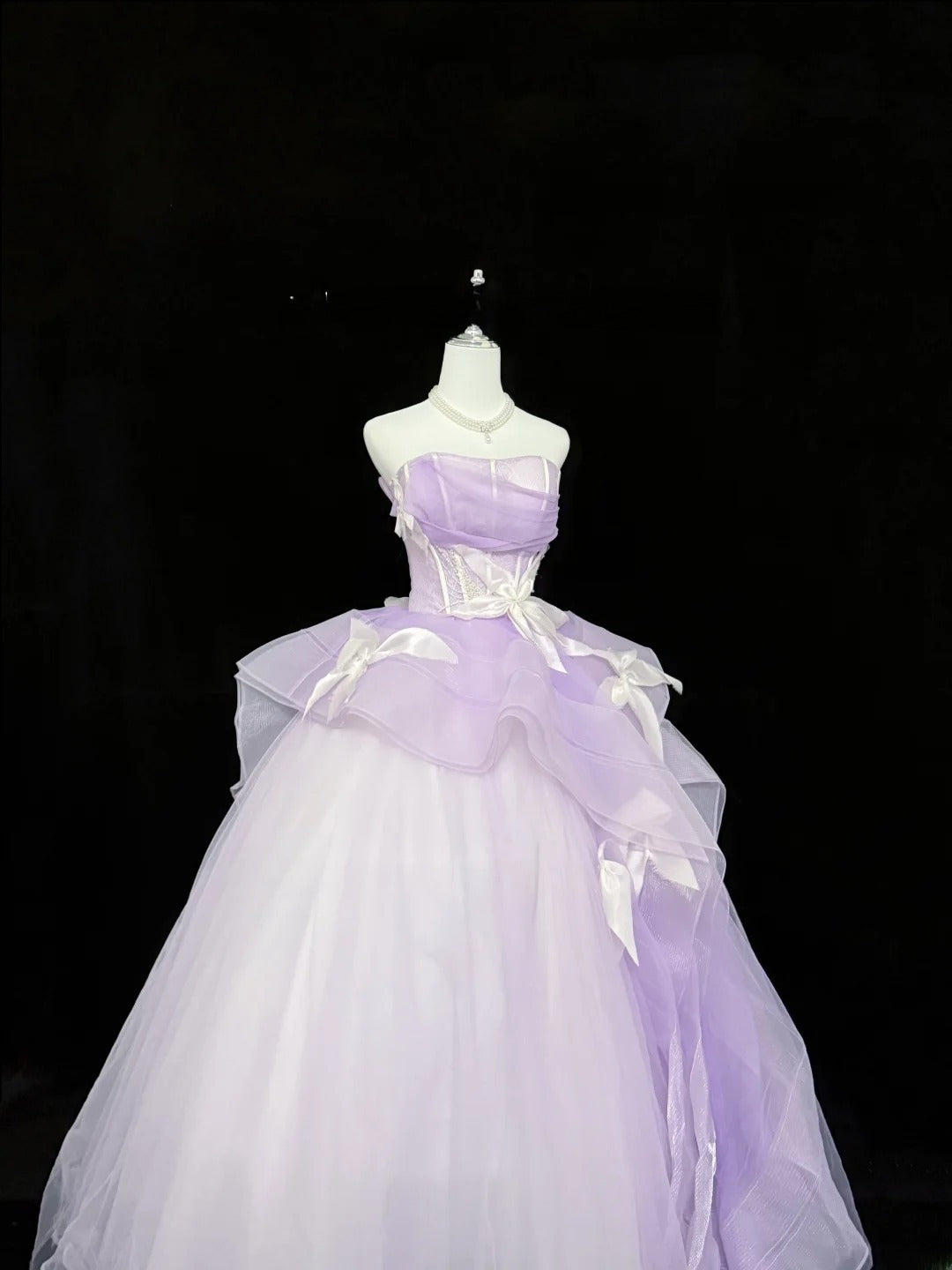 Modest Ball Gown Strapless Lilac Tulle With Flowers Ruffled Quince Dress Voluminous Sweet 16 Sweet Sixteen Outfits Vestido de RB7428