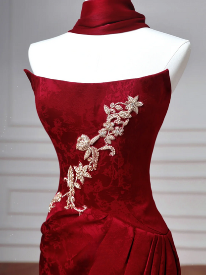 Robes de bal de fin d'année sexy pour lycéennes - Inspiration sirène sans bretelles en satin bordeaux - Robe longue semi-formelle pour diplômée AQ057