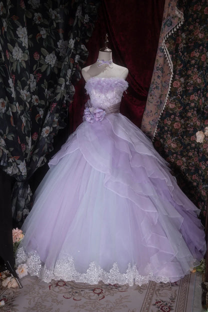 Elegant Ball Gown Strapless Lilac Tulle With Tiered Layers Long Quince Dress Quinceanera Dresses Formal Birthday Outfits RB8079