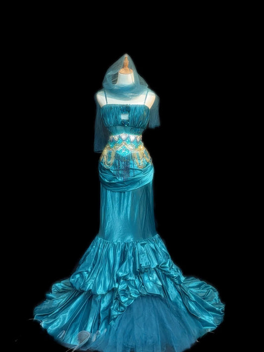 Vintage Prom Dresses Meerjungfrau Spaghetti-Träger Ärmellos Blau Korsett Eng Anliegende Lange Abendformelle Outfits RB3459
