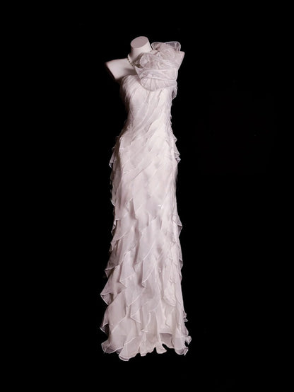 White Prom Dress Mermaid One Shoulder Sleeveless Modest Floor Length Formal Party Gown RB9859