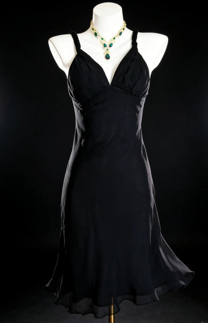 Robe courte noire vintage trapèze à fines bretelles, style bal de promo, référence AS058