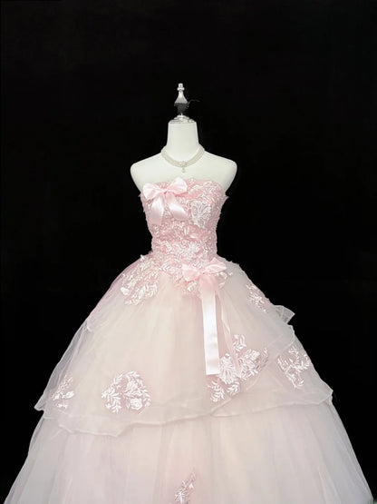 Modest Ball Gown Strapless Pink Tulle With Appliqued Lace Quince Dress Voluminous Sweet 16 Sweet Sixteen Outfits Vestido de RB7429