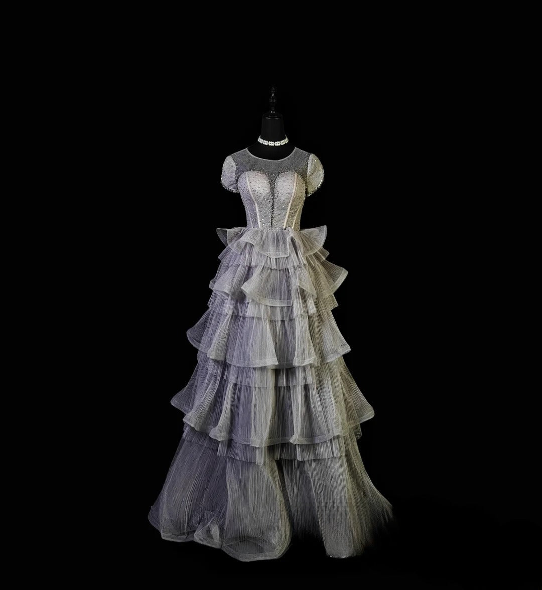 Vintage Ball Gown Scoop Silver Gray Tulle Long Prom Dress With Crystals Formal Dress Party Dresses RB6947
