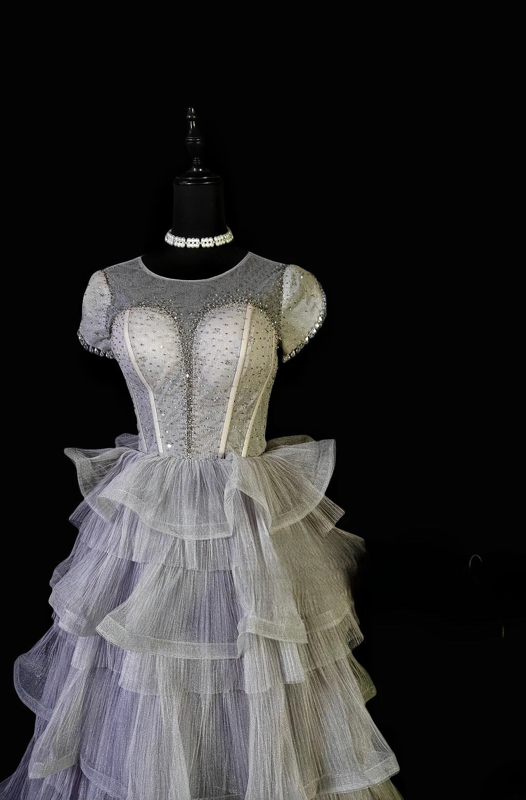 Vintage Ball Gown Scoop Silver Gray Tulle Long Prom Dress With Crystals Formal Dress Party Dresses RB6947