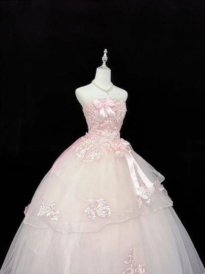 Modest Ball Gown Strapless Pink Tulle With Appliqued Lace Quince Dress Voluminous Sweet 16 Sweet Sixteen Outfits Vestido de RB7429