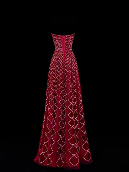 Modest Prom Dress Aesthetic Ball Gowns Strapless Burgundy Velvet Style Impress With Beadings Long Party Formal Gown SA058