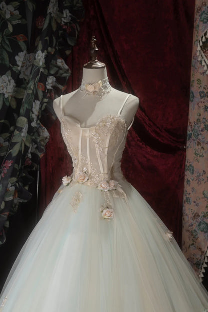 Elegant Ball Gown Spaghetti Straps Champagne Blue Tulle With Flowers Long Quince Dress Quinceanera Dresses Formal Birthday Outfits RB8080