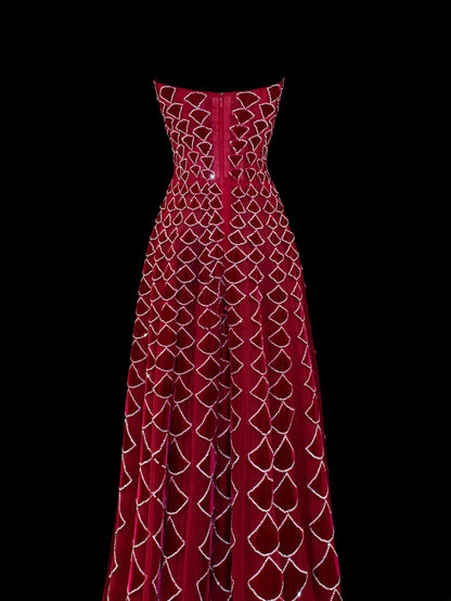 Modest Prom Dress Aesthetic Ball Gowns Strapless Burgundy Velvet Style Impress With Beadings Long Party Formal Gown SA058