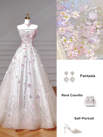 Magnifique robe de bal bustier blanche à sequins, longue et élégante, ornée de perles, idéale pour les soirées et les fêtes d'adolescentes (AQ059).