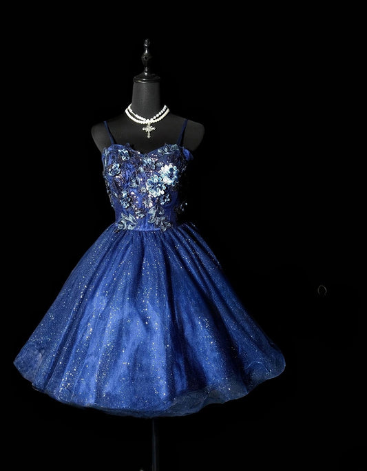 Modest Hoco Dress Homecoming Dresses Ball Gown Spaghetti Strap Navy Blue 16th Birthday Party Outfits RB6383