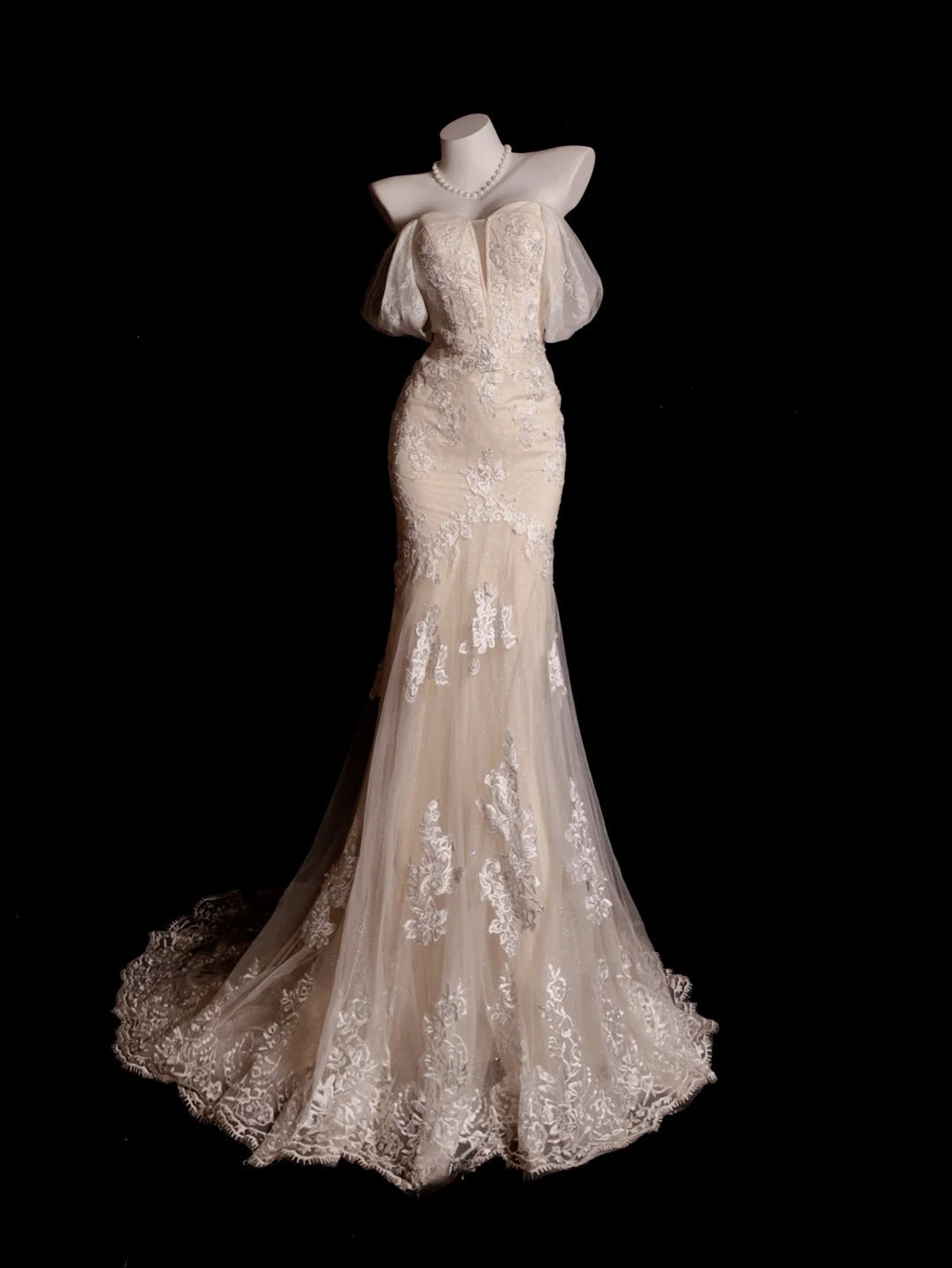 Prom Dress Mermaid Off Shoulder Champagne Lace Modest Floor Length Formal Party Gown RB9860