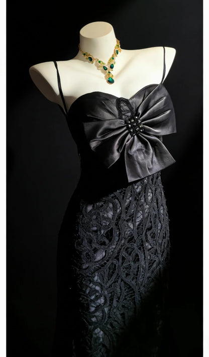 Robe de bal longue sirène rétro années 1950, bretelles spaghetti, bleu marine, corsage en dentelle, AS059